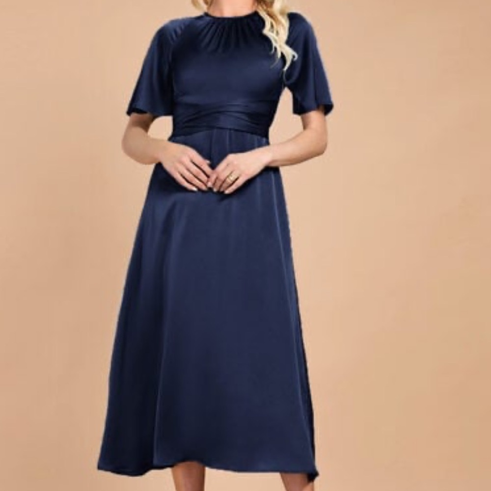 JJ'S HOUSE Navy Blue Satin High Neck Short Sleeved Maxi Dress Tie Waist Large
